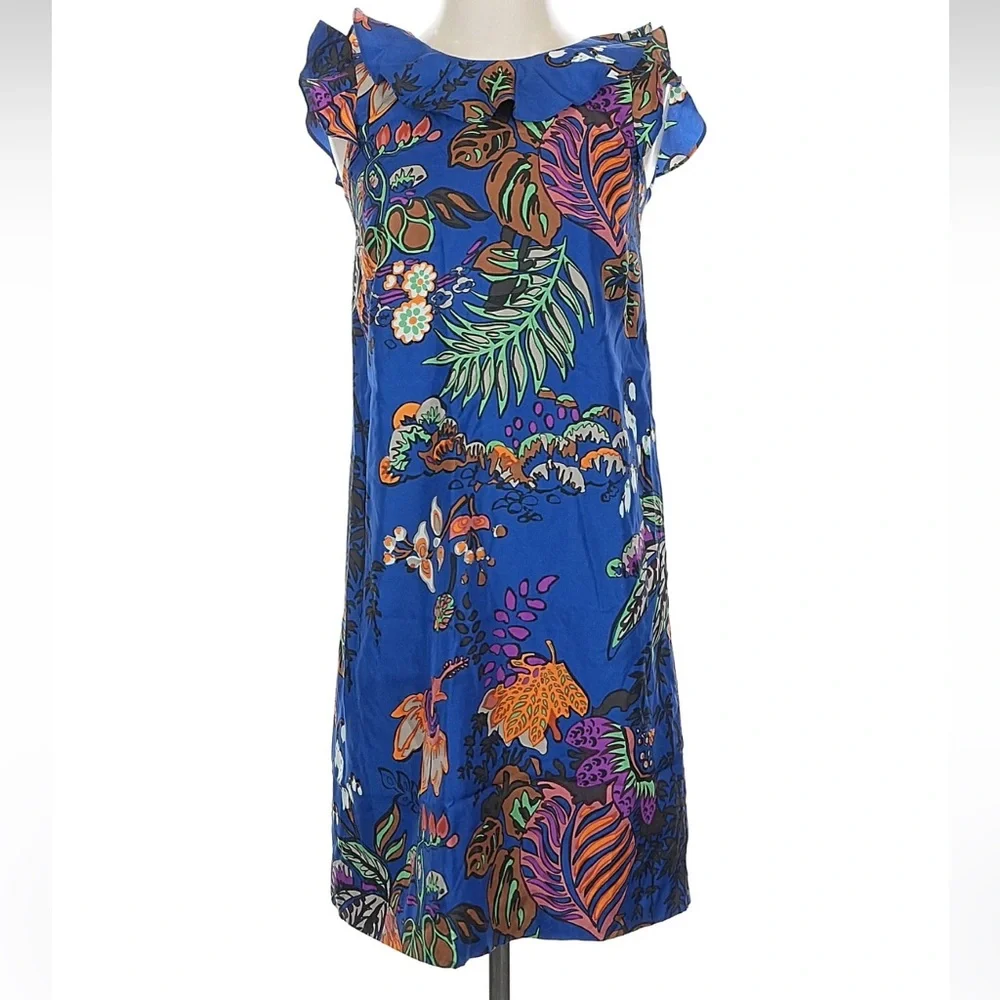 J. Crew Blue Floral Print Resort Tropical Flutter Sleeve 100% Silk Dress Size 0